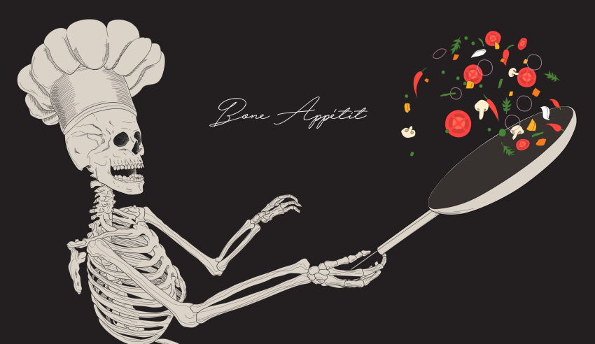 absurdres black_background bone chef cooking cursive food french frying_pan highres midair mushroom no_humans noredji original pepper ribs simple_background skeleton skull teeth tomato