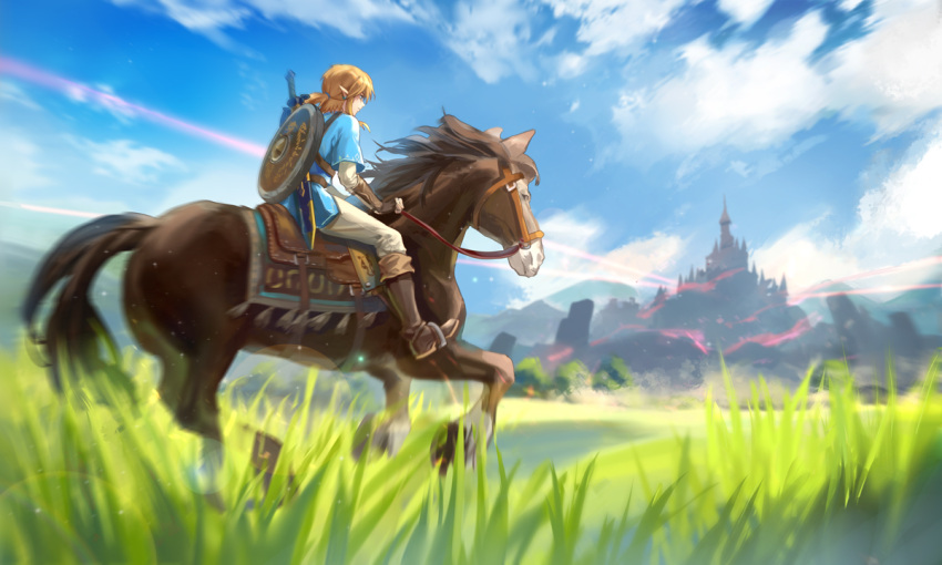 achyue animal beam blonde_hair blue_shirt blue_sky boots bridle brown_footwear brown_gloves castle clouds day earrings elbow_gloves field fingerless_gloves gloves grass horseback_riding jewelry knee_boots layered_sleeves lens_flare link long_hair lowleg lowleg_panties master_sword motion_blur outdoors panties pants pointy_ears riding scenery sheath sheathed shiny shiny_hair shirt short_sleeves sidelocks sitting sky straddling tan the_legend_of_zelda the_legend_of_zelda:_breath_of_the_wild tunic underwear white_pants