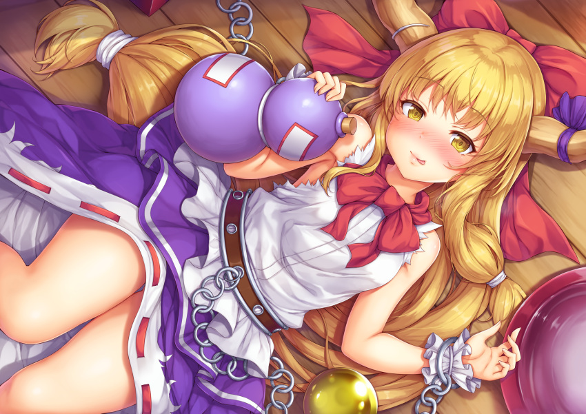 1girl :p bangs bare_shoulders belt blonde_hair blush bow bowtie chains closed_mouth commentary_request cup dress eyebrows_visible_through_hair gourd hair_ribbon highres holding horn_ornament horns ibuki_suika long_hair looking_at_viewer low-tied_long_hair lying nose_blush on_back red_neckwear red_ribbon ribbon sakazuki sleeveless sleeveless_dress snowcanvas solo tongue tongue_out touhou very_long_hair wrist_cuffs yellow_eyes