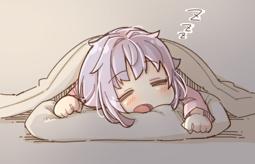 1girl blush closed_eyes eyebrows_visible_through_hair idolmaster idolmaster_cinderella_girls koshimizu_sachiko lavender_hair lying on_stomach open_mouth pillow short_hair sleeping solo under_covers yukie_(kusaka_shi) zzz