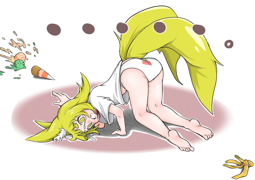 ... 1girl absurdres animal_ears ass banana_peel bare_legs barefoot blush commentary_request doitsuken dress empty_eyes fang flying_sweatdrops food food_on_face food_print fox_child_(doitsuken) fox_ears fox_tail highres ice_cream ice_cream_cone ice_cream_on_face multiple_tails neck_ribbon open_mouth original panties print_panties red_neckwear red_ribbon ribbon solo tail two_tails underwear white_dress white_panties wide-eyed