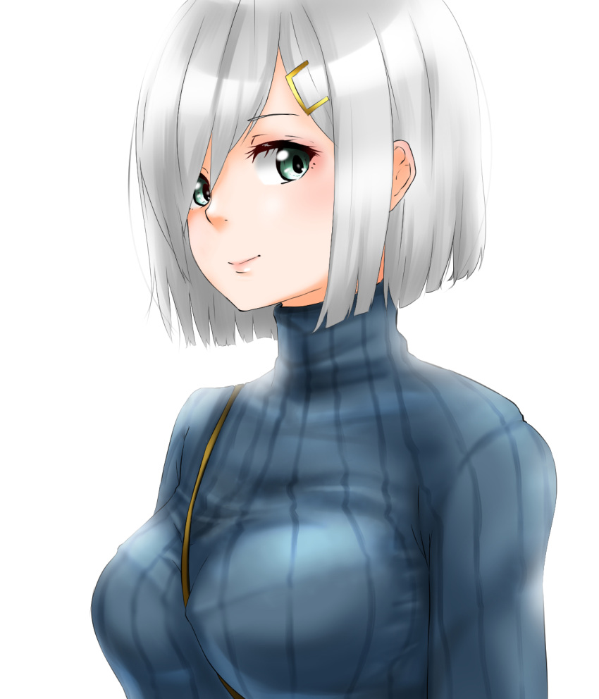 1girl between_breasts blue_sweater blush breasts closed_mouth eyebrows_visible_through_hair green_eyes grey_hair hair_between_eyes hair_ornament hairclip hamakaze_(kantai_collection) highres kantai_collection large_breasts looking_at_viewer short_hair simple_background solo strap_cleavage sweater tama_(seiga46239239) white_background