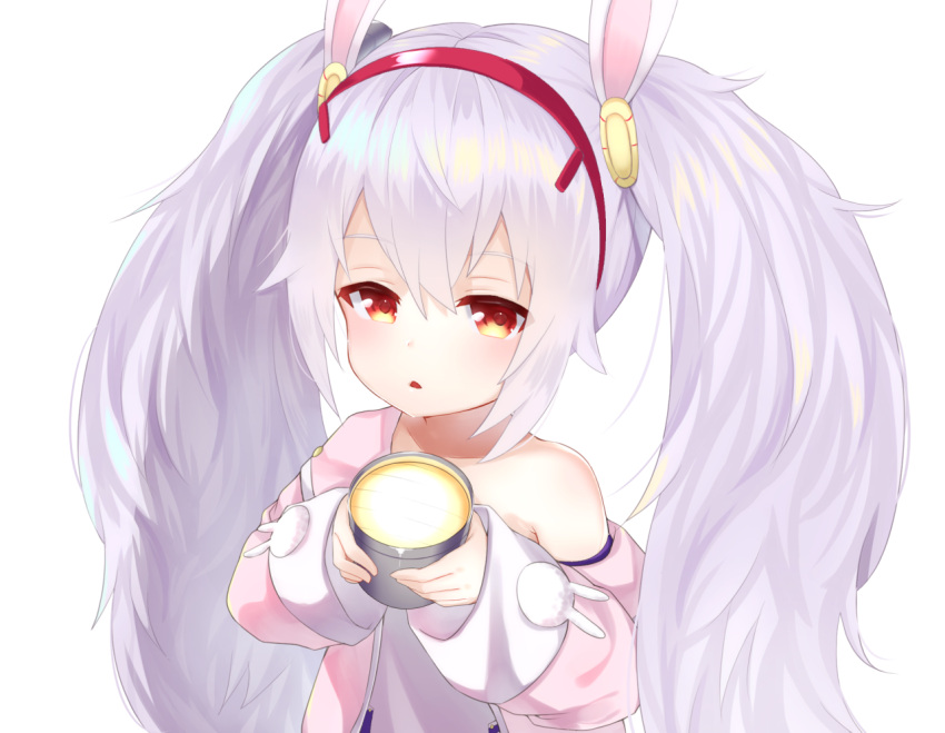 1girl azur_lane commentary_request curly_hair hairband holding jacket koko_ne_(user_fpm6842) laffey_(azur_lane) long_hair looking_at_viewer orange_eyes parted_lips searchlight simple_background solo twintails white_background white_hair
