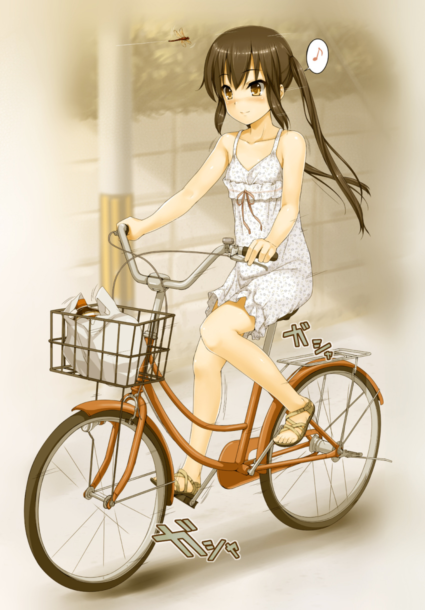 1girl bag bangs bare_arms bare_legs bare_shoulders bicycle bicycle_basket blurry blurry_background blush bottle brown_eyes brown_footwear brown_hair closed_mouth collarbone day depth_of_field dragonfly dress eyebrows_visible_through_hair flat_chest full_body ground_vehicle highres insect k-on! long_hair men'youjan musical_note nakano_azusa nose_blush outdoors pole print_dress riding road sandals shiny shiny_hair shopping_bag sidelocks sitting sleeveless sleeveless_dress smile solo speech_bubble speed_lines spoken_musical_note street sundress translation_request twintails white_dress