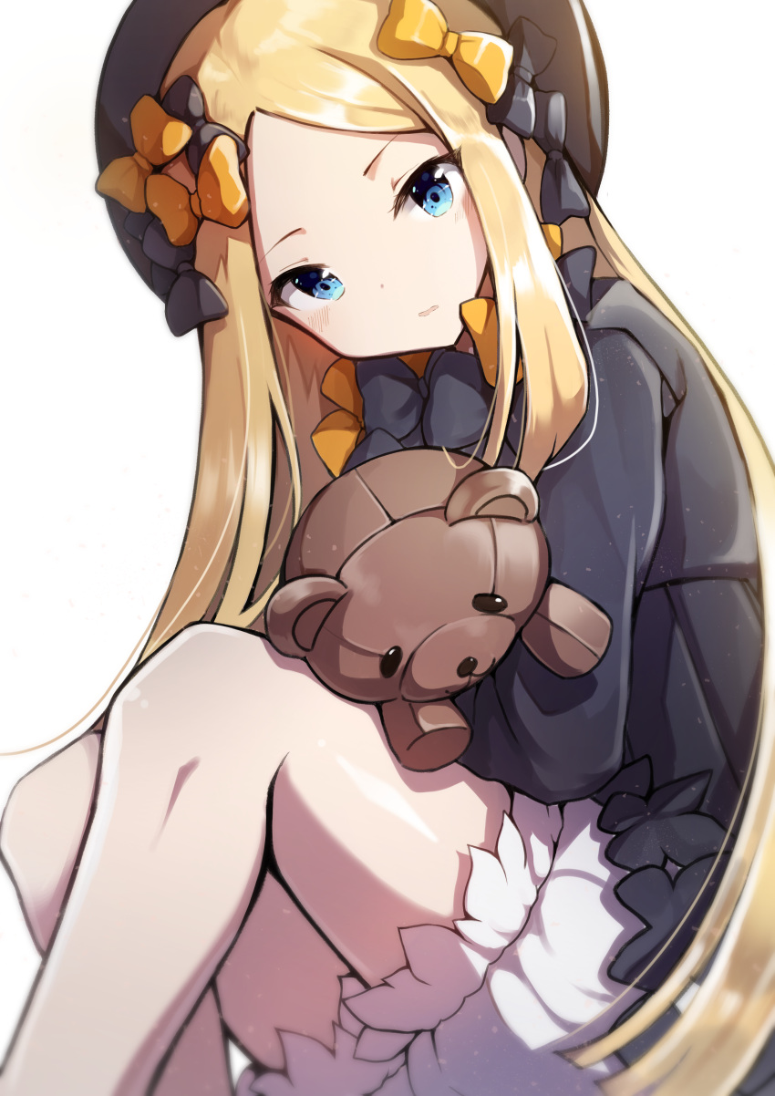 1girl abigail_williams_(fate/grand_order) absurdres bangs black_bow black_dress black_hat blonde_hair bloomers blue_eyes blush bow butterfly commentary_request dress fate/grand_order fate_(series) forehead hair_bow hat highres long_hair long_sleeves looking_down object_hug onsem orange_bow parted_bangs parted_lips polka_dot polka_dot_bow simple_background sleeves_past_fingers sleeves_past_wrists solo stuffed_animal stuffed_toy teddy_bear underwear very_long_hair white_background white_bloomers