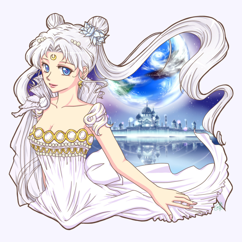 1girl bangs bare_shoulders bishoujo_senshi_sailor_moon blue_eyes breasts castle cleavage collarbone crescent dress earrings facial_mark flower forehead_mark hair_flower hair_ornament hairpin highres jewelry long_hair looking_at_viewer parted_bangs planet princess_serenity seiji_(hanjuku_pancake) solo strapless strapless_dress tsukino_usagi upper_body white_dress white_hair