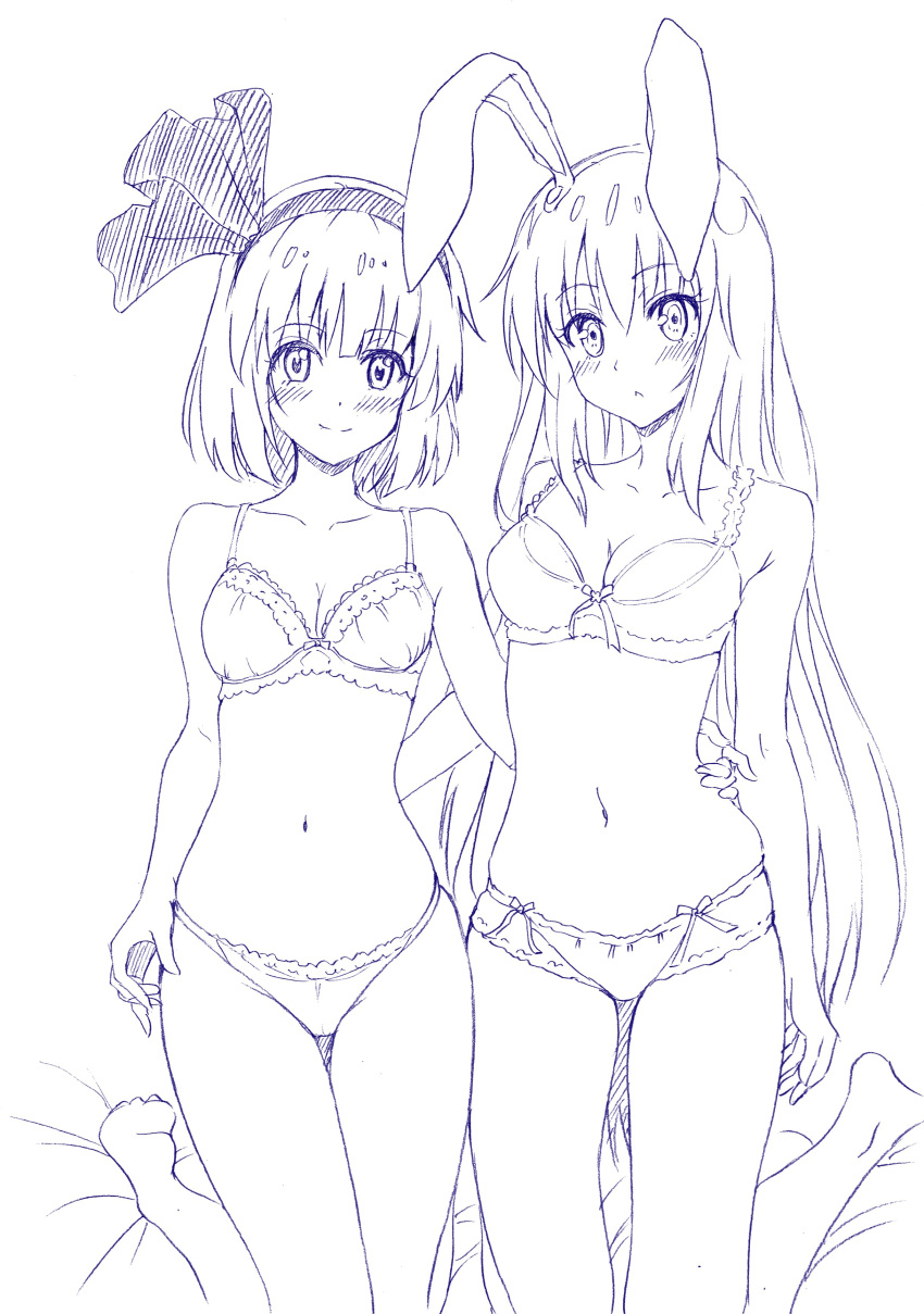 2girls :&lt; absurdres animal_ears arm_around_waist bangs blush bow bow_bra bow_panties bra breasts cleavage closed_mouth collarbone commentary cowboy_shot eyebrows_visible_through_hair gin'you_haru graphite_(medium) hair_ribbon highres kneeling konpaku_youmu lace lace-trimmed_bra long_hair looking_at_viewer medium_breasts monochrome multiple_girls navel panties rabbit_ears reisen_udongein_inaba ribbon short_hair sketch small_breasts smile thigh_gap touhou traditional_media underwear underwear_only