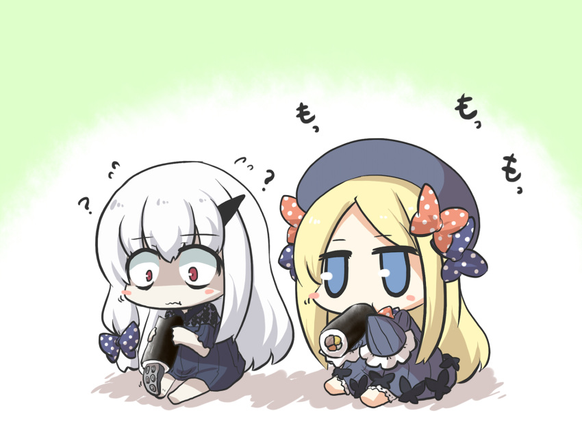 2girls :t abigail_williams_(fate/grand_order) bags_under_eyes bangs barefoot black_bow black_dress black_hat blonde_hair bloomers blue_eyes blush_stickers bow butterfly closed_mouth commentary_request dress eating ehoumaki eyebrows_visible_through_hair fate/grand_order fate_(series) flying_sweatdrops food gomasamune hair_between_eyes hair_bow hat highres holding holding_food horn lavinia_whateley_(fate/grand_order) long_hair long_sleeves looking_at_viewer makizushi multiple_girls orange_bow parted_bangs polka_dot polka_dot_bow silver_hair sitting sleeves_past_fingers sleeves_past_wrists sushi underwear very_long_hair wavy_mouth white_bloomers wide-eyed