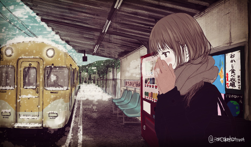 1girl bangs blush breath brown_hair brown_scarf day enpera eyebrows_visible_through_hair fence gloves ground_vehicle hands_on_own_face hands_up long_sleeves original outdoors profile scarf seat shirokuro-kun snow snowing solo train train_station twitter_username