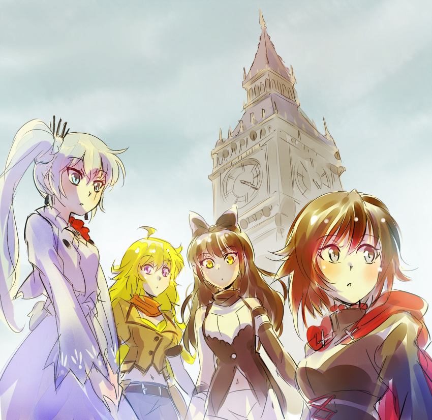 4girls album_cover blake_belladonna cover elizabeth_tower highres iesupa multiple_girls parody ruby_rose rwby the_who weiss_schnee yang_xiao_long