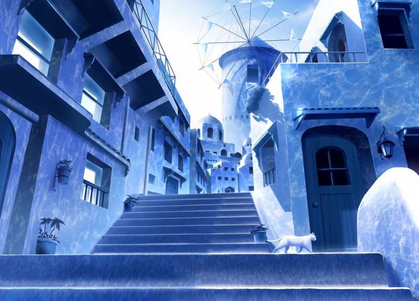animal blue blue_sky building cat day flower_pot gensuke_(ryun) highres house no_humans original plant potted_plant railing scenery shade sky stairs still_life sunlight town white_cat windmill window