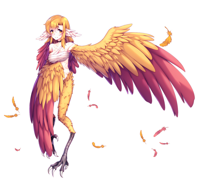 1girl bandage blonde_hair breasts choker feathered_wings feathers harpy long_hair monster_girl multicolored_hair naked_bandage original outstretched_arm red_feathers redhead solo talons tattoo transparent_background two-tone_hair winged_arms wings yellow_eyes yellow_feathers yun_(outsidey)