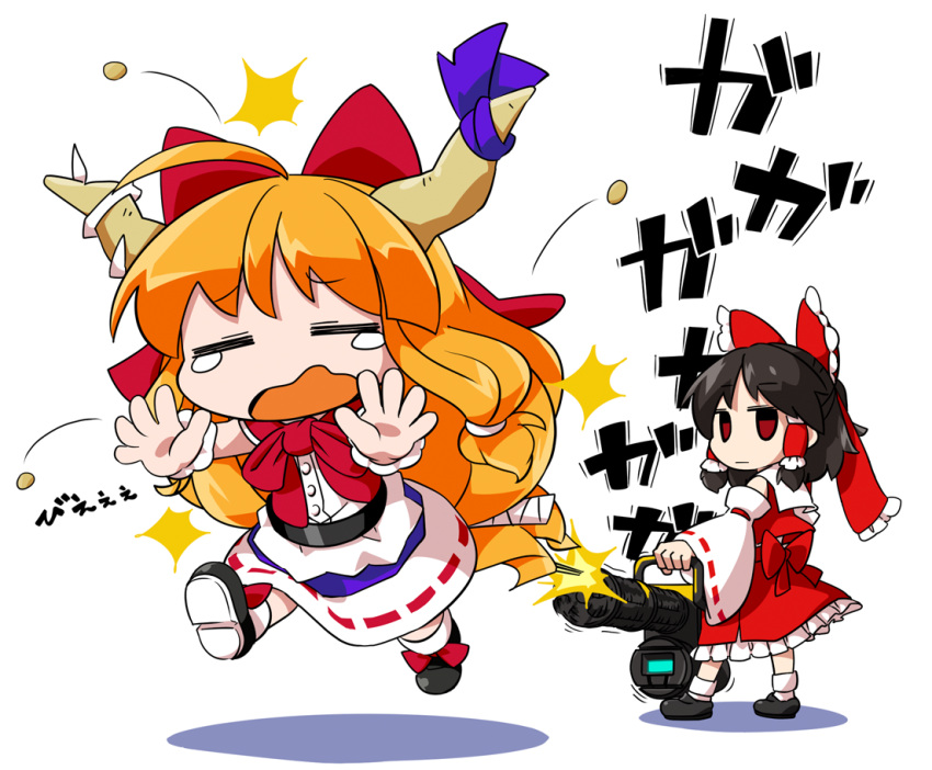 2girls ahoge bean brown_hair byourou closed_eyes firing fleeing gun hair_ornament hakurei_reimu horn horn_ribbon horns ibuki_suika machine_gun multiple_girls orange_hair red_eyes ribbon running setsubun tears text touhou weapon white_background