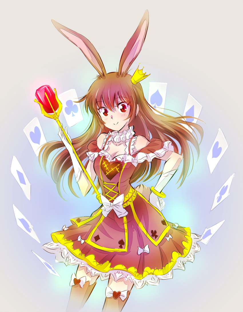 1girl animal_ears bunny_tail card crown highres iesupa magical_girl mini_crown playing_card rabbit_ears rwby scepter solo tail velvet_scarlatina