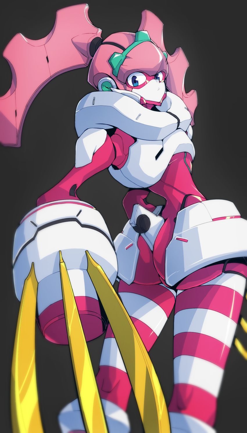 absurdres argentea_(darling_in_the_franxx) blue_eyes claw_(weapon) commentary darling_in_the_franxx highres humanoid_robot mecha no_humans park_bandi simple_background solo twintails weapon