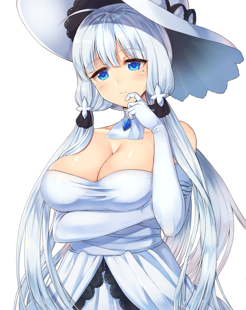 absurdres ahoge azur_lane bangs bare_shoulders blue_eyes breast_hold breasts cleavage closed_eyes closed_mouth commentary_request dress elbow_gloves finger_to_mouth gloves hair_ornament hat highres illustrious_(azur_lane) large_breasts long_hair low_twintails mole mole_under_eye rangen simple_background smile strapless strapless_dress sun_hat twintails upper_body very_long_hair white_background white_dress white_gloves white_hair