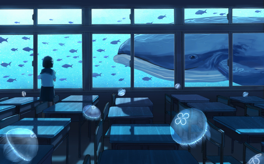 1girl against_window animal black_sailor_collar black_skirt chair classroom desk facing_away fish from_behind gensuke_(ryun) indoors jellyfish medium_skirt original sailor_collar school_chair school_desk school_uniform serafuku shirt short_hair short_sleeves skirt standing starfish_hair_ornament transparent underwater whale white_shirt window