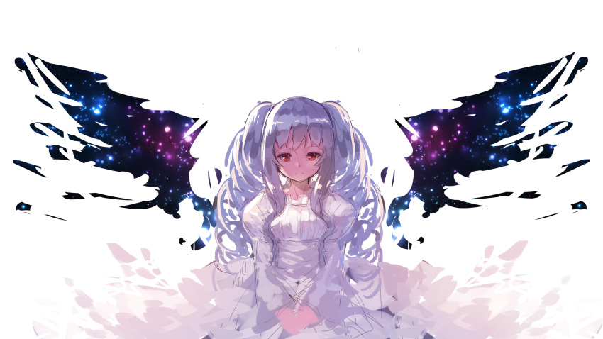 1girl absurdres bangs closed_mouth dress drill_hair eyebrows_visible_through_hair highres juliet_sleeves long_hair long_sleeves looking_at_viewer original own_hands_together puffy_sleeves red_eyes silver_hair simple_background sketch smile solo twin_drills very_long_hair white_background white_dress wings yuuji_(yukimimi)