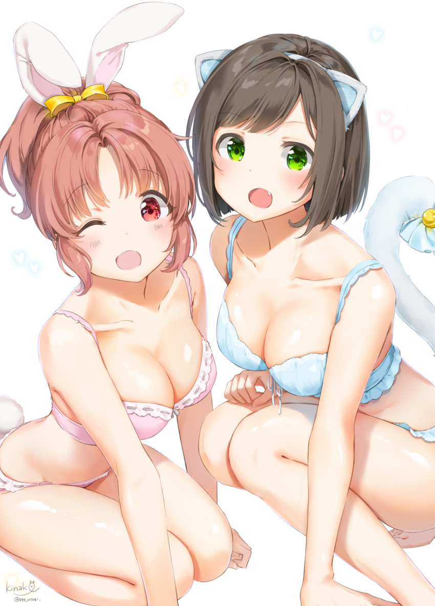 2girls :d ;d abe_nana animal_ears arm_support bangs bare_arms bare_shoulders barefoot blue_bra blue_panties blue_ribbon blush bra breasts bunny_tail cat_ears cat_tail cleavage collarbone commentary_request eyebrows_visible_through_hair fang green_eyes highres idolmaster idolmaster_cinderella_girls large_breasts leaning_forward looking_at_viewer maekawa_miku multiple_girls one_eye_closed open_mouth panties parted_bangs pink_bra pink_panties ponytail rabbit_ears revision ribbon ribbon-trimmed_bra seiza shiny shiny_skin shiratama_akane short_hair signature simple_background sitting smile squatting swept_bangs tail tail_ribbon tareme thighs underwear underwear_only white_background