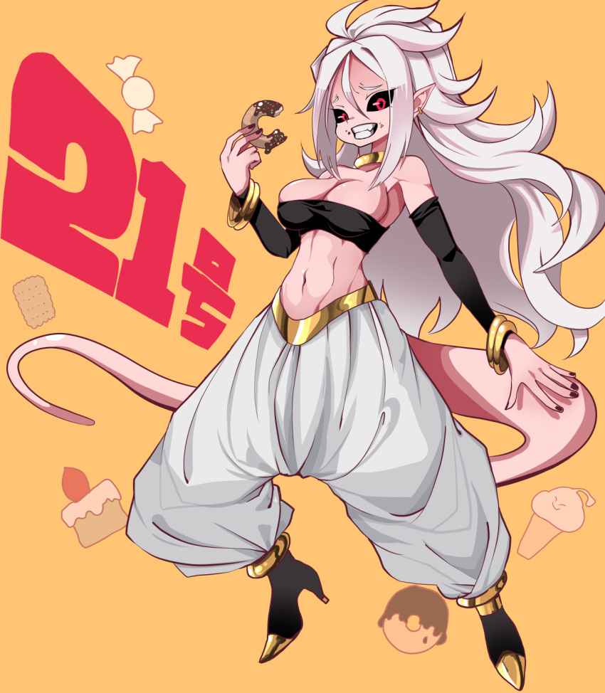 1girl android_21 bare_shoulders black_sclera bracelet breasts character_name cleavage clenched_teeth doughnut dragon_ball dragon_ball_fighterz earrings food full_body high_heel_boots highres jewelry looking_at_viewer majin_android_21 medium_breasts midriff monster_girl naruwe navel pink_skin pointy_ears red_eyes simple_background solo tail teeth yellow_background