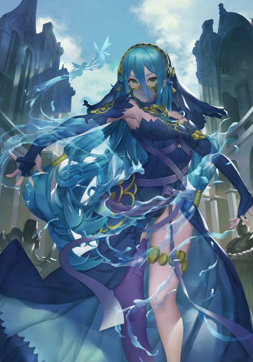 1girl absurdres aqua_(fire_emblem_if) armor armpits bare_shoulders blue_bow blue_dress blue_gloves blue_hair bow breasts building closed_mouth clouds day dress elbow_gloves feet_out_of_frame fingerless_gloves fire_emblem fire_emblem_if gloves green_eyes hair_between_eyes hair_tubes hairband highres hydrokinesis knight long_hair looking_at_viewer low-tied_long_hair magician_(china) medium_breasts outdoors outstretched_arms purple_legwear see-through single_thighhigh small_breasts smile solo_focus spread_arms thigh-highs thigh_strap v-shaped_eyebrows veil very_long_hair water