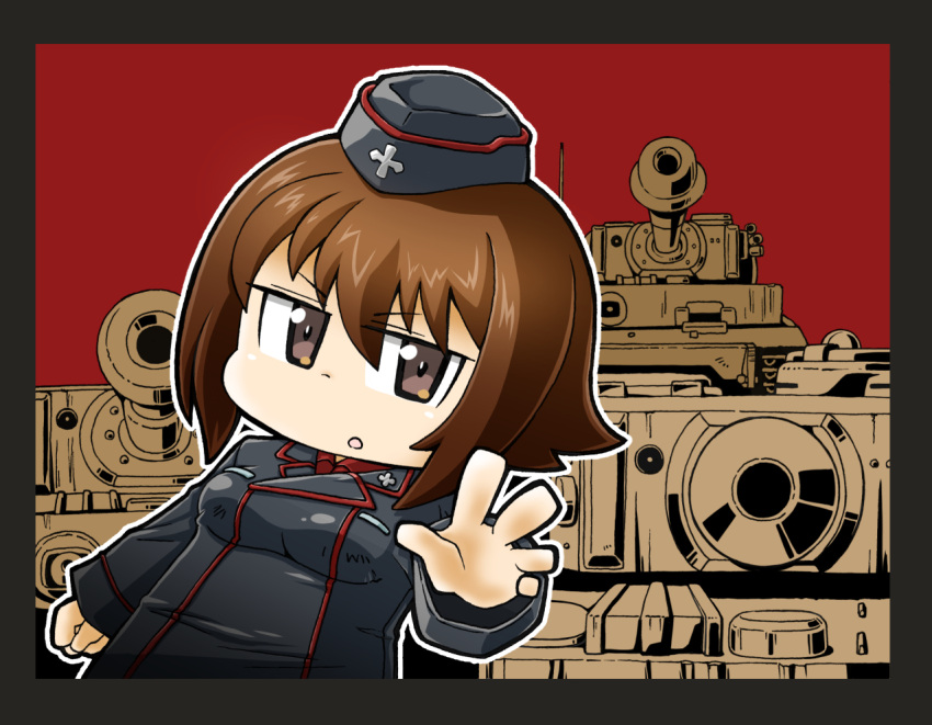 1girl black_eyes brown_hair chibi girls_und_panzer ground_vehicle hat kuromorimine_military_uniform military military_vehicle motor_vehicle nishizumi_maho red_background short_hair tank tiger_i yunaka_(259808)