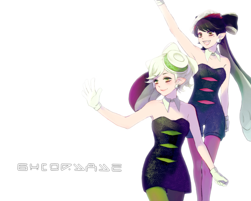 2girls :d aori_(splatoon) arm_up armpits bare_shoulders blush closed_mouth cousins detached_collar domino_mask dress earrings fangs food food_on_head gloves green_legwear hotaru_(splatoon) jewelry lipstick long_hair makeup mamehara mask mole mole_under_eye multiple_girls object_on_head open_mouth pointy_ears purple_legwear short_dress short_hair short_jumpsuit smile splatoon splatoon_1 strapless strapless_dress sushi tentacle_hair very_long_hair waving white_gloves white_hair yellow_eyes