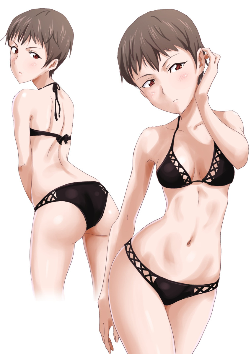 1girl arm_behind_back ass back bangs bikini black_bikini blush breasts brown_eyes brown_hair closed_mouth commentary_request cowboy_shot freckles from_behind gin'you_haru girls_und_panzer highres light_frown looking_at_viewer looking_back medium_breasts multiple_views naomi_(girls_und_panzer) navel parted_lips short_hair simple_background standing swimsuit very_short_hair white_background