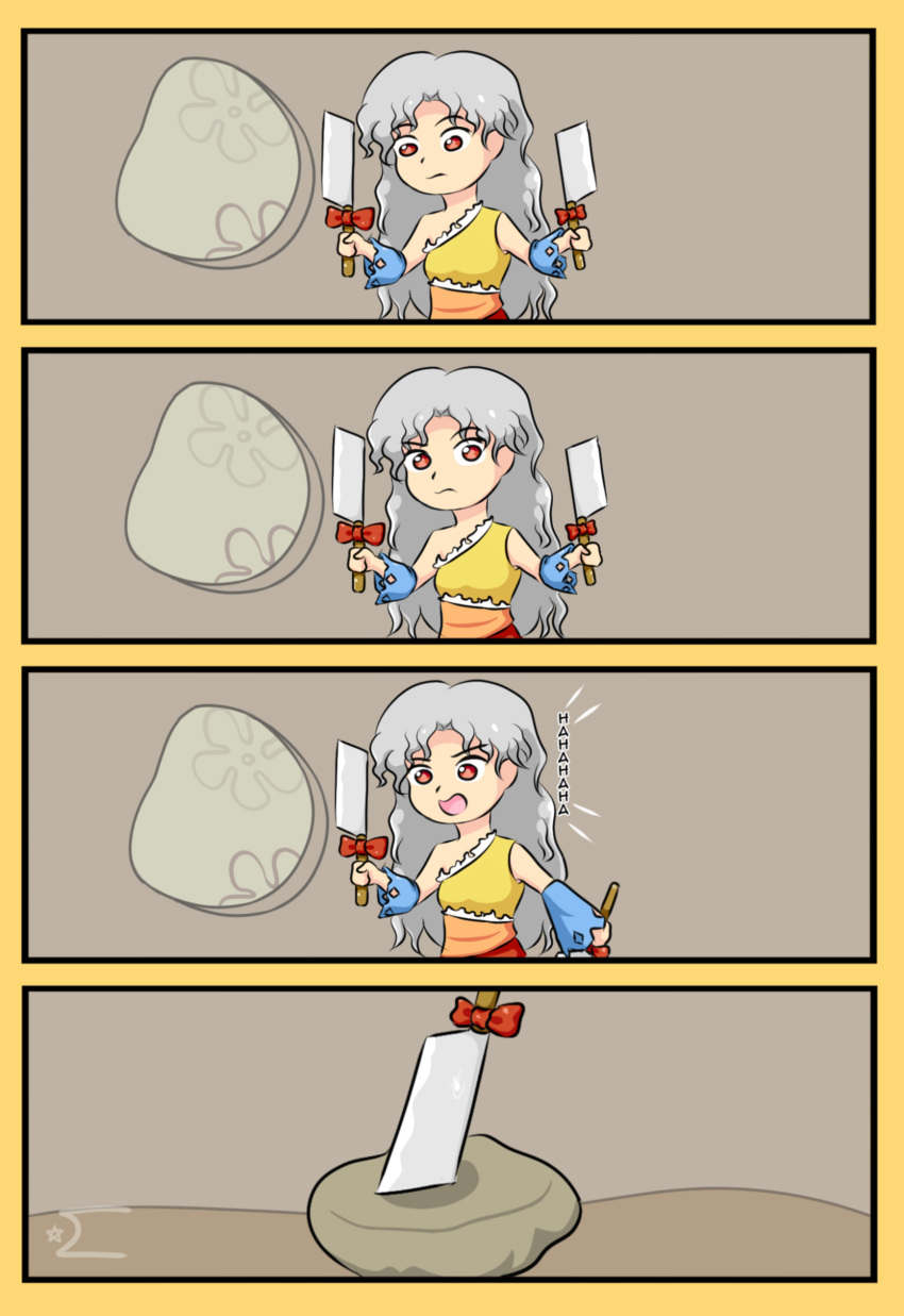 1girl 4koma absurdres cleaver comic detached_sleeves dress dual_wielding grey_hair highres holding holding_weapon laughing long_hair neferkitty orange_dress parody red_eyes sakata_nemuno single_bare_shoulder single_strap single_tear spongebob_squarepants touhou weapon window