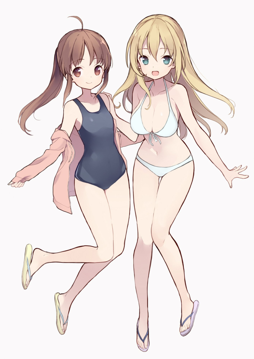 2girls ahoge bikini black_swimsuit blonde_hair blue_eyes breasts brown_hair cleavage flat_chest front-tie_top full_body highres hood hooded_jacket hoodie itsumi_(itumiyuo) jacket long_hair multiple_girls oohoshi_awai open_mouth pink_jacket ponytail saki sandals school_swimsuit simple_background smile swimsuit takakamo_shizuno thigh_gap white_background white_bikini