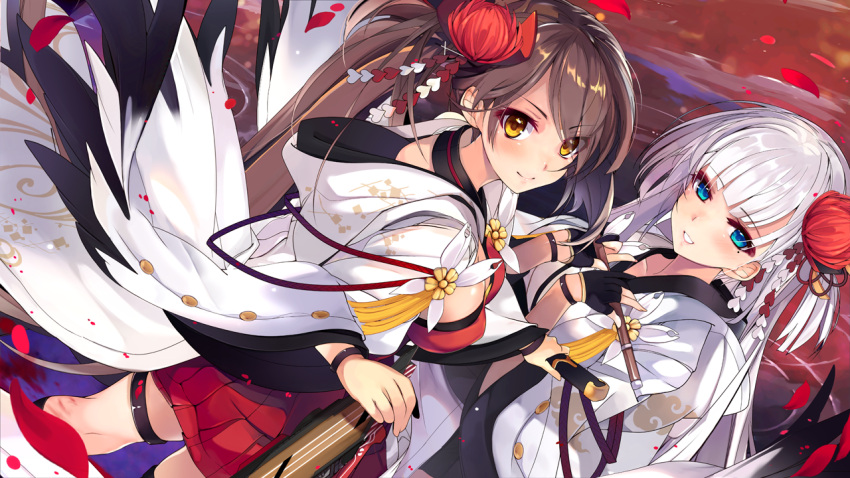 2girls azur_lane bangs blue_eyes breasts brown_hair cleavage closed_mouth commentary_request dutch_angle eyebrows_visible_through_hair eyelashes eyeliner flight_deck floral_print flower flute gloves hair_flower hair_ornament holding holding_instrument instrument japanese_clothes kimono large_breasts long_hair looking_at_viewer looking_back makeup md5_mismatch miniskirt mole mole_under_eye multiple_girls ocean one_side_up outdoors parted_lips partly_fingerless_gloves pleated_skirt print_kimono red_skirt shirokitsune shoukaku_(azur_lane) side_ponytail silver_hair skirt smile thigh_strap tsumami_kanzashi very_long_hair water white_kimono yellow_eyes zuikaku_(azur_lane)