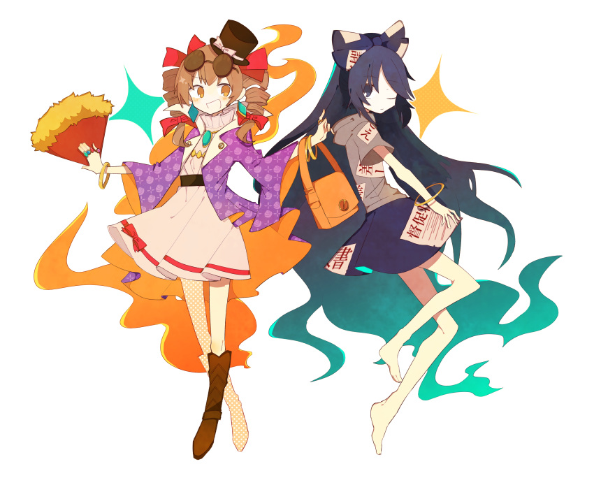 2girls bag barefoot black_eyes black_hair blue_bow bow bracelet brown_hair commentary_request earrings eyewear_on_head fan folding_fan gradient_hair green_hair hair_bow hat hat_bow hat_ribbon highres hood hoodie jewelry looking_at_viewer mamimu_(ko_cha_22) multicolored_hair multiple_girls necklace no_nose ofuda one_eye_closed open_mouth orange_eyes red_bow ribbon ring siblings sisters sunglasses top_hat touhou white_background white_bow white_ribbon yorigami_jo'on yorigami_shion
