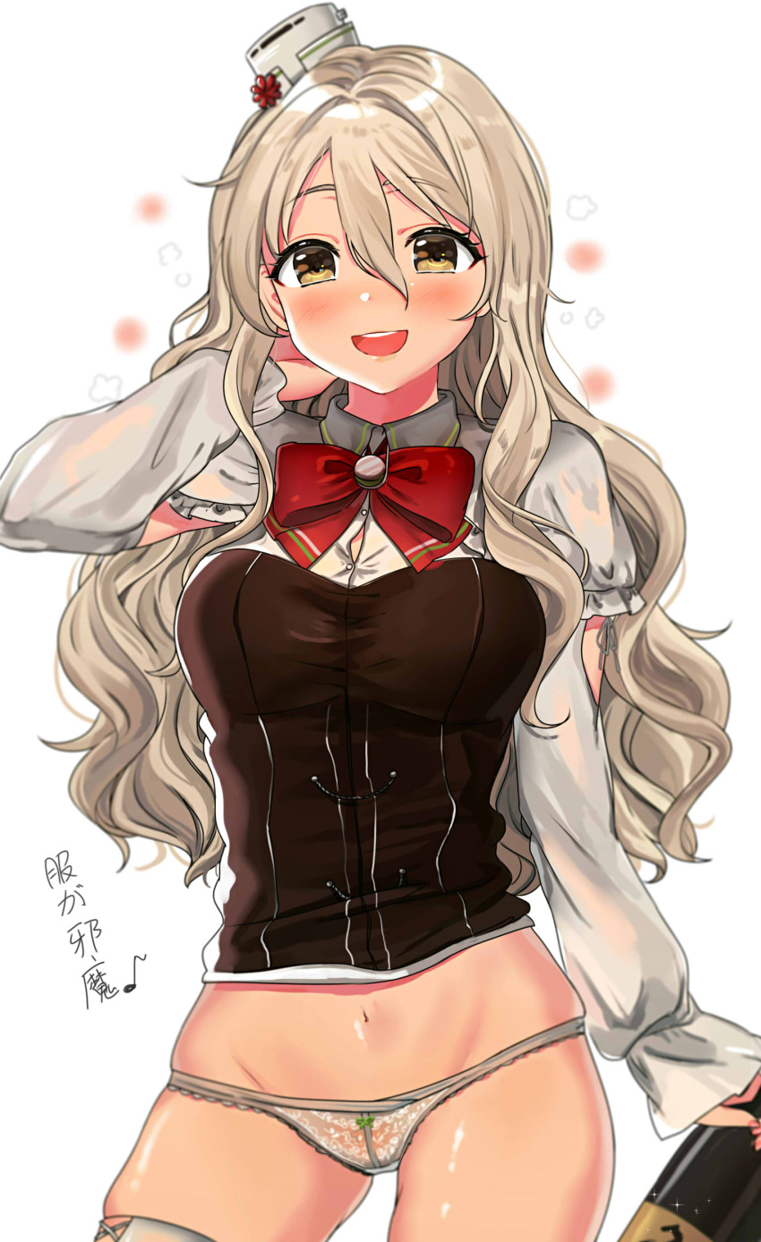 1girl absurdres alcohol blurry blush bottle breasts brown_eyes collared_shirt corset eyebrows_visible_through_hair eyes_visible_through_hair grey_hair groin hair_between_eyes hand_in_hair hat highres holding holding_bottle kantai_collection lace lace_panties large_breasts long_hair long_sleeves looking_at_viewer mini_hat navel neck_bow open_mouth panties pola_(kantai_collection) shiny shiny_skin shirt simple_background skindentation skirt skirt_removed smile solo sparkle standing stomach tareme thigh-highs thighs tomato_omurice_melon translated underwear wavy_hair white_background white_legwear white_shirt wine