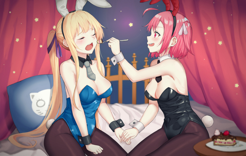 2girls animal_ears bangs bare_shoulders bed_sheet black_coat black_hairband black_legwear black_leotard black_neckwear blonde_hair blue_leotard blush breasts bunny_girl bunny_tail bunnysuit cake cleavage closed_eyes collarbone commentary_request copyright_request detached_collar eyebrows_visible_through_hair fake_animal_ears feeding fingernails food grey_neckwear hair_ribbon hairband hands_together highres holding holding_spoon large_breasts leotard long_hair multiple_girls necktie one_side_up open_mouth pantyhose pillow pink_hair plate purple_ribbon rabbit_ears red_eyes ribbon shooene sidelocks sitting slice_of_cake star strapless strapless_leotard table tail toy's_lover twintails very_long_hair white_collar white_ribbon wing_collar wrist_cuffs