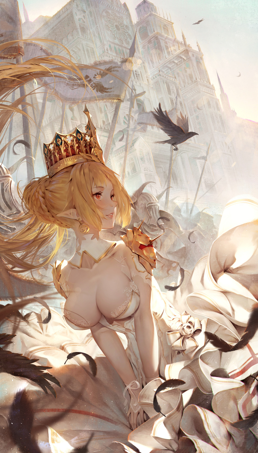 1girl absurdres bangs banner bird blonde_hair blush braid braided_bun breasts castle cleavage cleavage_cutout commentary_request crow crown dress earrings feathers hair_bun helmet highres horned_helmet jewelry knight lance large_breasts long_hair looking_to_the_side original outdoors parted_lips pointy_ears polearm red_eyes revision smile solo_focus spaulders standing toriumi_harumi tug weapon white_dress