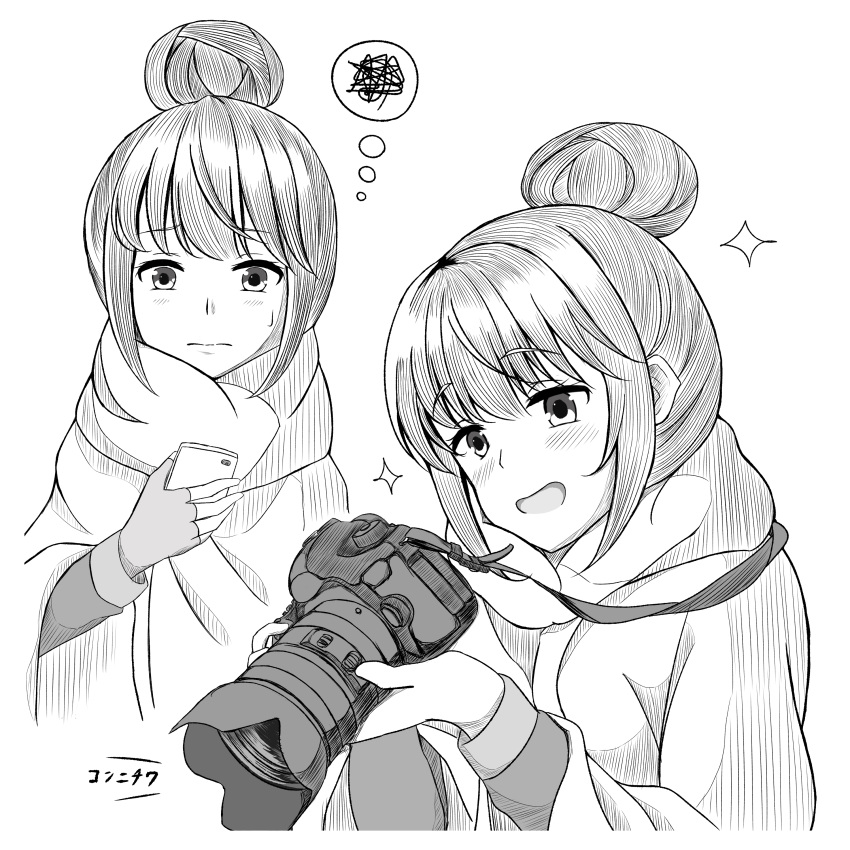 1girl 3: :d absurdres blush camera cellphone closed_mouth eyebrows_visible_through_hair greyscale hair_between_eyes hair_bun highres holding holding_camera holding_phone long_sleeves minakami_tansan monochrome multiple_views open_mouth phone shawl shima_rin smartphone smile sparkle squiggle sweatdrop thought_bubble translation_request white_background yurucamp
