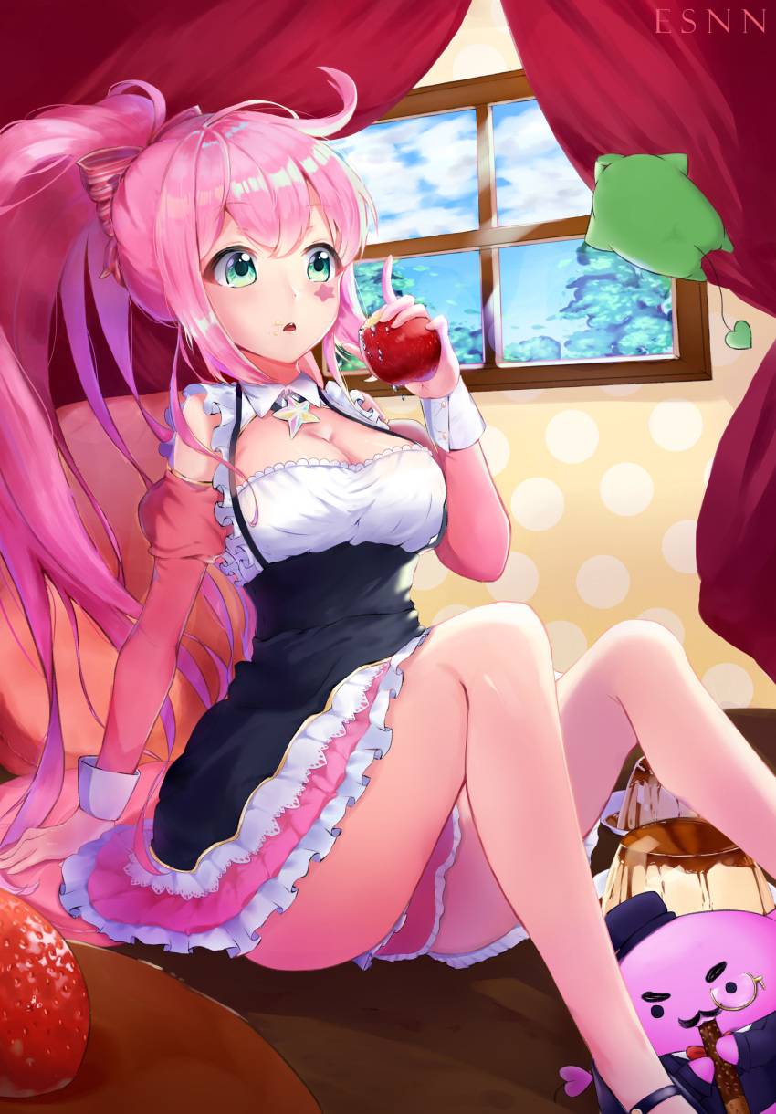 1girl absurdres apple ass breasts cleavage cleavage_cutout detached_sleeves dress eating food fruit green_eyes hair_ribbon highres holding holding_fruit indoors long_hair medium_breasts multicolored multicolored_clothes multicolored_dress open_mouth pink_hair pink_ribbon polka_dot ponytail pudding ribbon ribbon-trimmed_dress sitting solo star staring strawberry uni_(vocaloid) very_long_hair vocaloid
