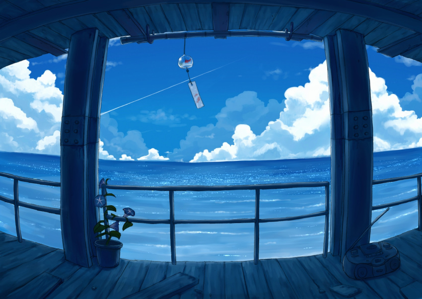 blue_flower blue_sky building clouds condensation_trail day flower flower_pot gensuke_(ryun) horizon no_humans original outdoors plant potted_plant radio radio_antenna railing scenery sky still_life water wind_chime wooden_floor