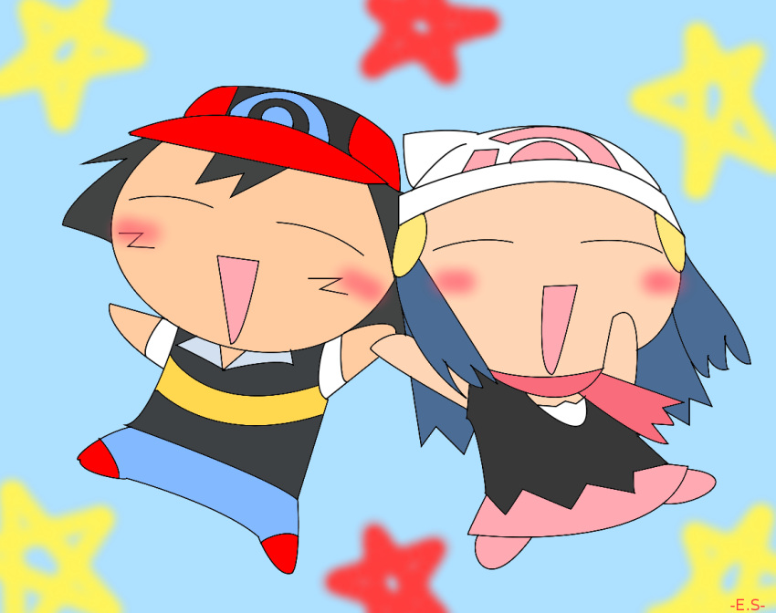 -_- 1boy 1girl :d adorable blue_background blush chibi closed_eyes deviantart endless-rainfall hikari_(pokemon) open_mouth pokemon satoshi_(pokemon) stars toriyama_akira_(style)