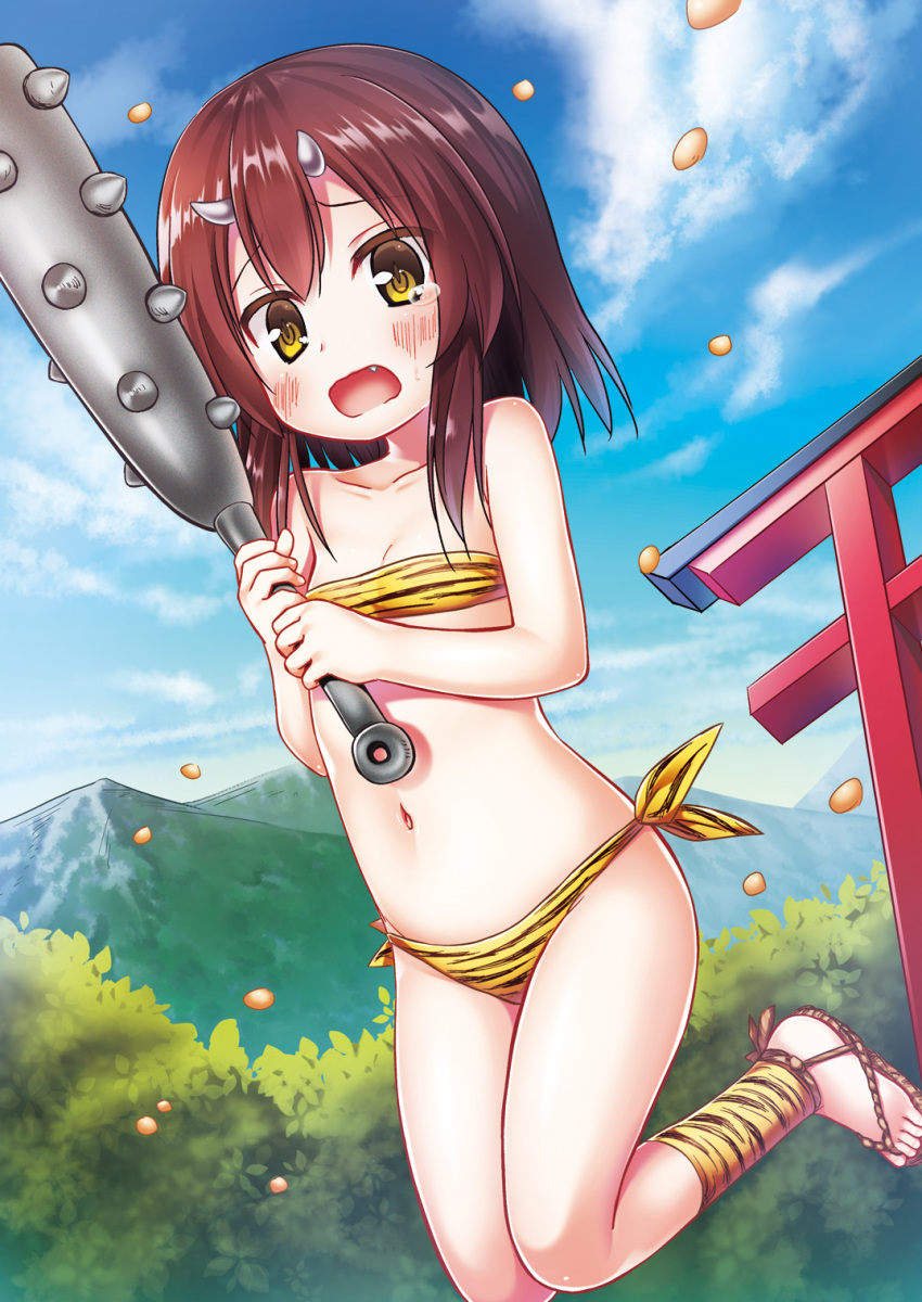 1girl animal_print bare_shoulders beans blue_skirt blush brown_hair clouds club collarbone d: day fang flat_chest highres horns kanabou long_hair looking_at_viewer mountain navel oni_horns open_mouth original outdoors sandals setsubun skirt solo spiked_club strapless tears tiger_print torii tubetop weapon yellow_eyes yukino_minato