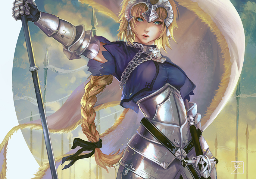 1girl armor blonde_hair braid breasts capelet chains cowboy_shot fate/apocrypha fate_(series) faulds gauntlets green_eyes head_tilt headpiece holding janne_d'arc jeanne_d'arc_(fate) jeanne_d'arc_(fate)_(all) jeanne_d'arc_(grimms_notes) long_hair looking_at_viewer outstretched_arm short_sleeves standing sword vambraces washuu weapon