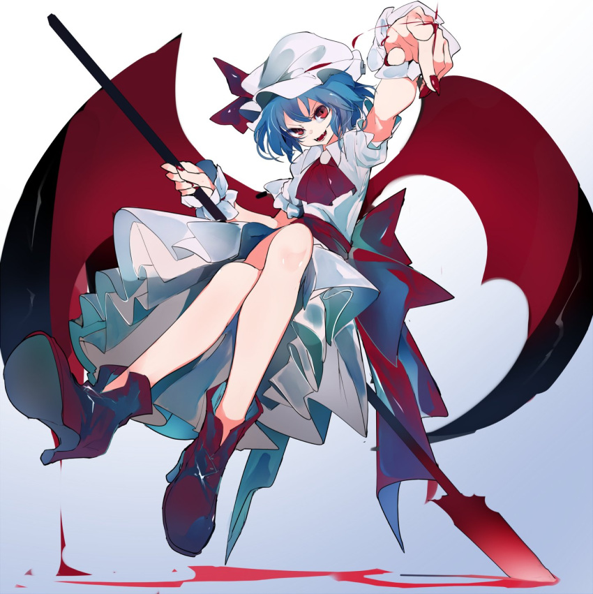 1girl blue_hair commentary_request floating full_body gradient gradient_background hat highres ikurauni mob_cap nail_polish remilia_scarlet sitting solo touhou wings