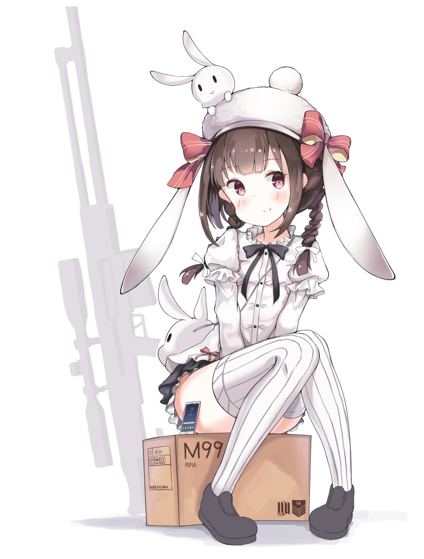 1girl absurdres animal_bag animal_ears animal_hat bag bangs barrett_m99 black_footwear black_skirt blush bow box braid bunny_hat cardboard_box cellphone character_name closed_mouth commentary_request ears_down eyebrows_visible_through_hair girls_frontline hat hat_bow head_tilt highres long_sleeves looking_at_viewer low_twintails m99_(girls_frontline) object_namesake on_box phone pleated_skirt puffy_short_sleeves puffy_sleeves rabbit_ears red_bow red_eyes ribbed_legwear shirt shoes short_over_long_sleeves short_sleeves shoulder_bag sidelocks sitting skirt smartphone smile sobmarine solo striped striped_bow striped_legwear thigh-highs twin_braids twintails vertical-striped_legwear vertical_stripes white_hat white_legwear white_shirt