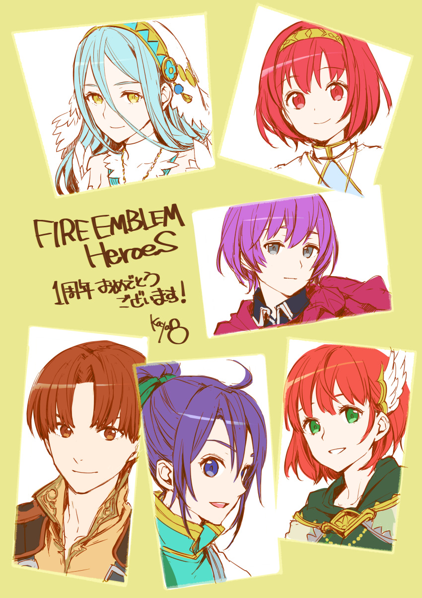 5girls absurdres ahoge aqua_(fire_emblem_if) blue_hair brown_eyes fir fire_emblem fire_emblem_heroes green_eyes headband highres katarina_(fire_emblem) kaya8 maria_(fire_emblem) multiple_girls priscilla_(fire_emblem) purple_hair red_eyes redhead tobin_(fire_emblem) yellow_eyes