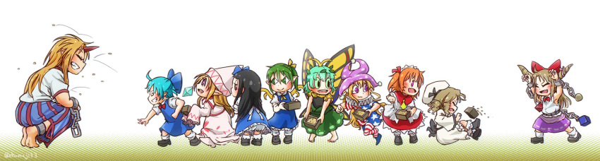 6+girls :3 american_flag american_flag_dress american_flag_legwear aqua_hair armpits arms_up bare_arms barefoot beans black_hair blonde_hair bow bowtie brown_eyes butterfly_wings chains chamaji cirno closed_eyes closed_mouth clownpiece cuffs daiyousei dress drill_hair eternity_larva eyes fairy fairy_wings falling from_side full_body green_eyes green_hair green_sclera grin hair_bow hair_ribbon hat height_difference highres holding horn horn_ribbon horns hoshiguma_yuugi ibuki_suika jester_cap lily_white long_hair long_skirt long_sleeves looking_at_another luna_child mamemaki motion_lines multiple_girls neck_ruff o_o oni open_mouth orange_hair pantyhose pointy_ears ponytail print_legwear ribbon setsubun shackles shirt short_dress short_hair short_sleeves skirt sleeveless sleeveless_shirt sleeves_past_wrists smile squatting standing star star_print star_sapphire striped sunny_milk throwing touhou violet_eyes wings