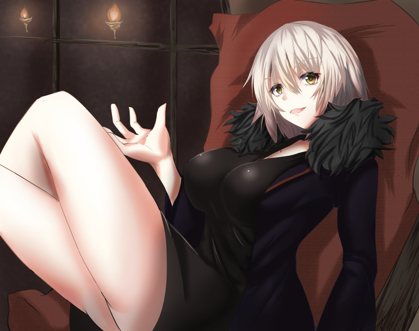 1girl absurdres ass black_coat black_dress breasts coat dress eyebrows_visible_through_hair fate/grand_order fate_(series) fur-trimmed_coat fur_trim highres jeanne_d'arc_(alter)_(fate) jeanne_d'arc_(fate)_(all) large_breasts legs_crossed open_clothes open_coat open_mouth pillow refrain_gg short_dress short_hair silver_hair sitting thighs wicked_dragon_witch_ver._shinjuku_1999 yellow_eyes