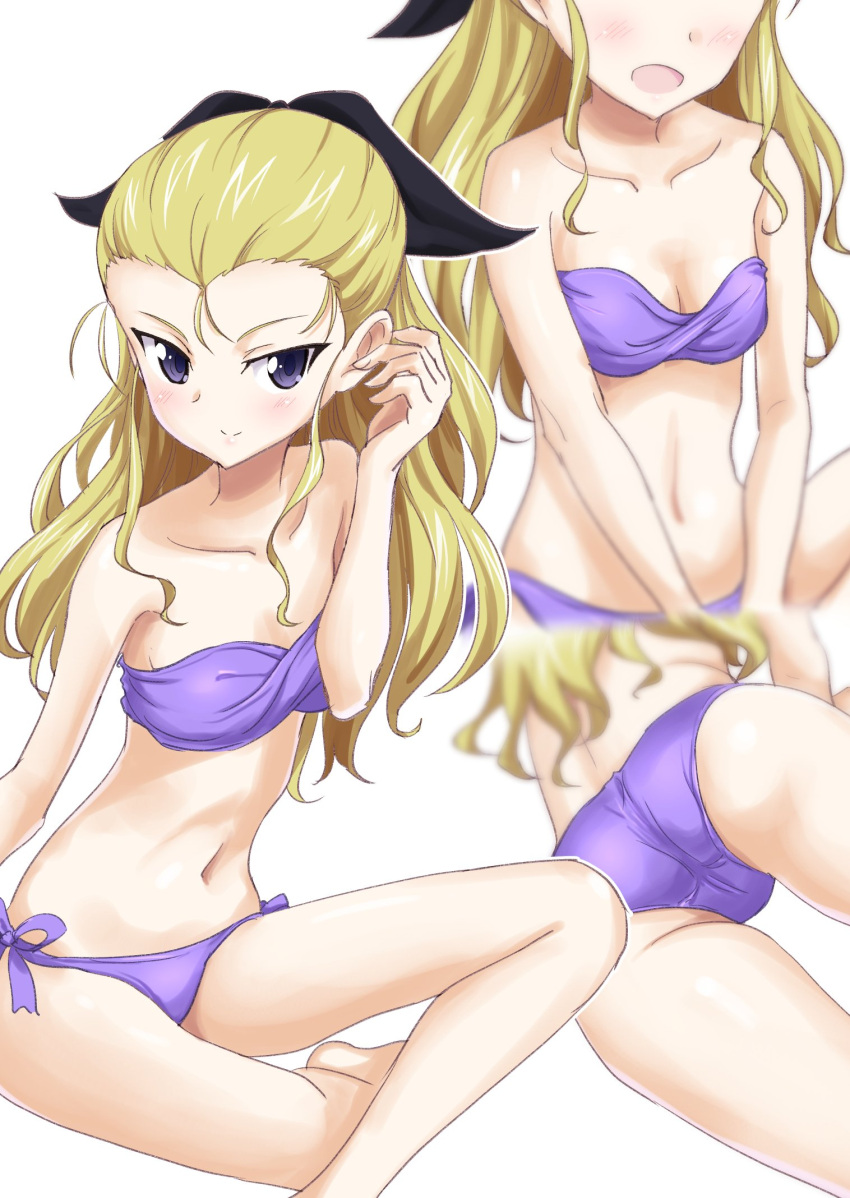 1girl ass assam bikini black_ribbon blonde_hair blue_eyes blurry breasts closed_mouth commentary_request crotch_seam gin'you_haru girls_und_panzer hair_pulled_back hair_ribbon head_out_of_frame highres long_hair looking_at_viewer medium_breasts multiple_views navel open_mouth purple_bikini ribbon side-tie_bikini sitting smile solo swimsuit