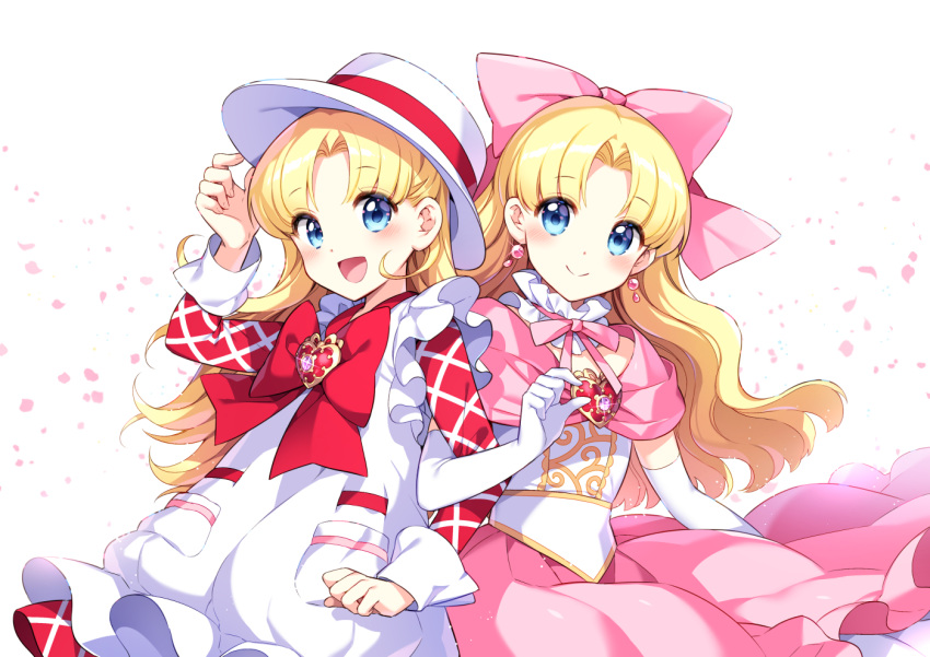 2girls ashita_no_nadja blonde_hair blue_eyes blush bow commentary_request dress elbow_gloves gloves hat locked_arms long_hair looking_at_viewer multiple_girls nadja_applefield nardack open_mouth porkpie_hat rosemary_applefield siblings sisters smile white_gloves