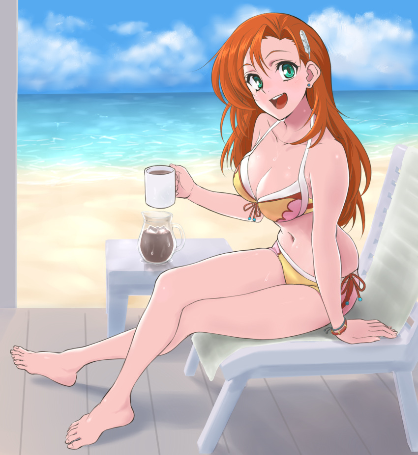 1girl :d arm_support barefoot beach beach_chair bikini breasts cliana_rimskaya clouds coffee cup feathers full_body green_eyes hair_feathers highres holding holding_cup large_breasts legs_crossed long_hair looking_at_viewer mug navel ocean open_mouth orange_hair shingyo side-tie_bikini sitting sky smile solo super_robot_wars super_robot_wars_destiny swimsuit wet yellow_bikini