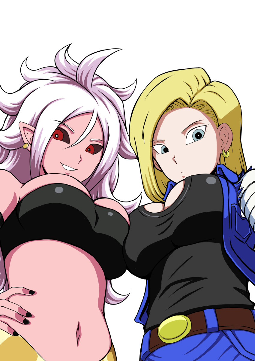 2girls absurdres android_18 android_21 bareisyotaro belt black_sclera blue_eyes breast_press breasts cleavage dragon_ball dragon_ball_fighterz dragonball_z earrings hand_on_hip highres jewelry looking_at_viewer majin_android_21 multiple_girls navel pink_hair pointy_ears red_eyes simple_background smile stomach symmetrical_docking